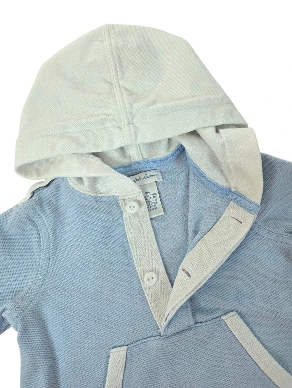 Ralph Lauren Baby Boy Hooded Knit Romper Jumpsuit Blue White 9M Cotton Preppy